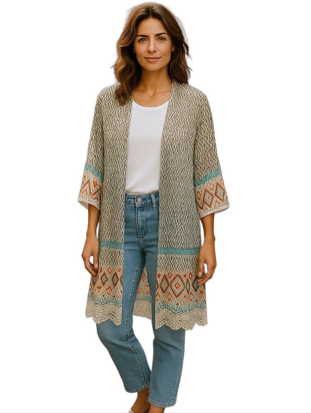 I Love Silk Blend Sheer Duster Women M/L Geo Print 3/4 Bell Sleeve Crochet BoHo